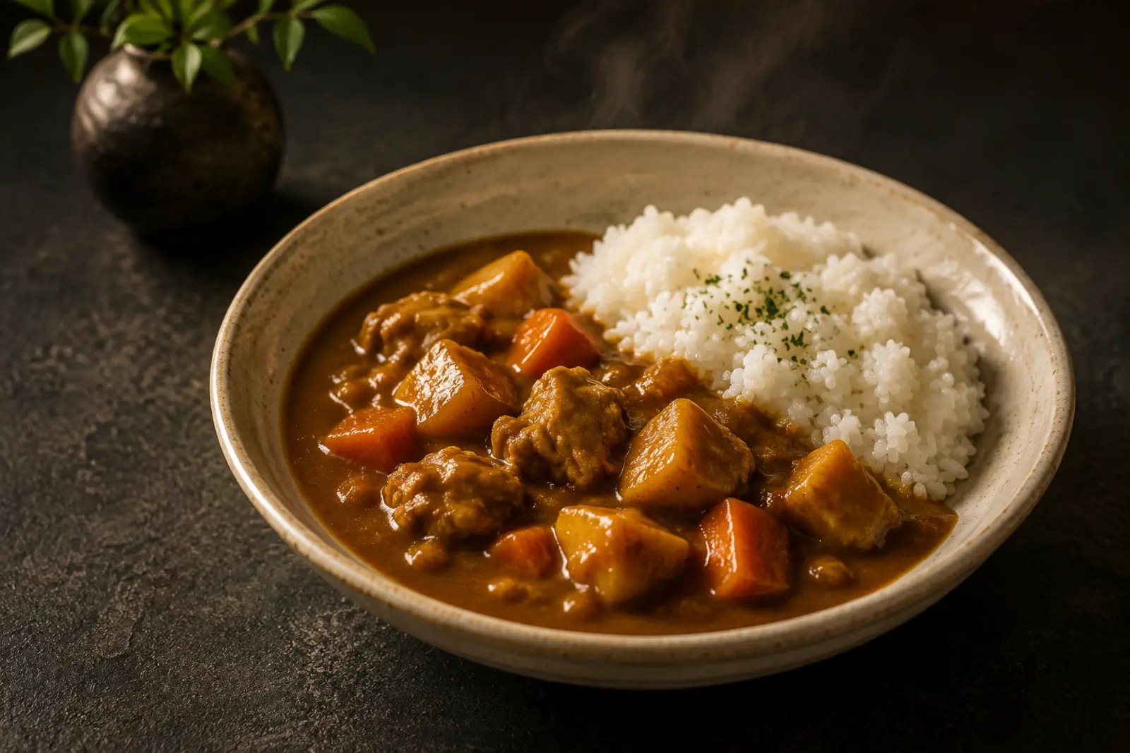 湯気が立つカレーとご飯を盛りつけた温かな食卓
